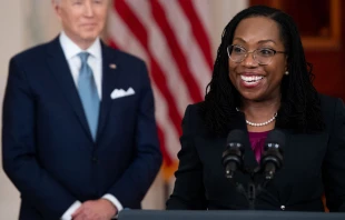 Judge Ketanji Brown Jackson, with President Joe Biden, speaks after she was nominated for Associate Justice of the US Supreme Court, in the Cross Hall of the White House in Washington, DC, February 25, 2022. Saul Loeb/AFP via Getty Images.