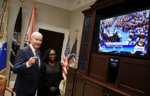 US President Joe Biden and Judge Ketanji Brown Jackson watch the US Senate vote on whether to approve Judge Brown's appointment to the US Supreme Court in the Roosevelt Room of the White House in Washington, DC, on April 7, 2022. Mandel Ngan/AFP via Getty Images.