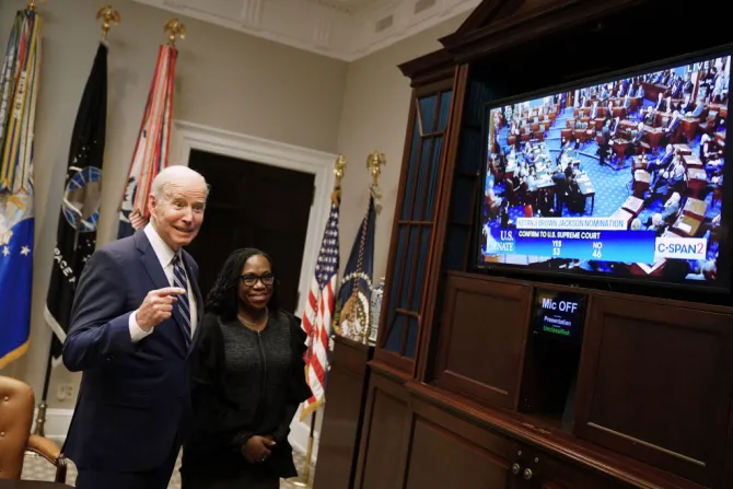 GETTY US President Joe Biden and Judge Ketanji Brown Jackson watch the US Senate vote on whether to approve Judge Brown's appointment to the US Supreme Court in the Roosevelt Room of the White House in Washington, DC, on April 7, 2022.
