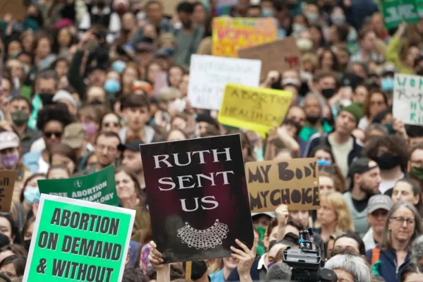 People protest in reaction to the leak of the US Supreme Court draft abortion ruling on May 3, 2022 in New York. Bryan R. Smith/AFP via Getty Images