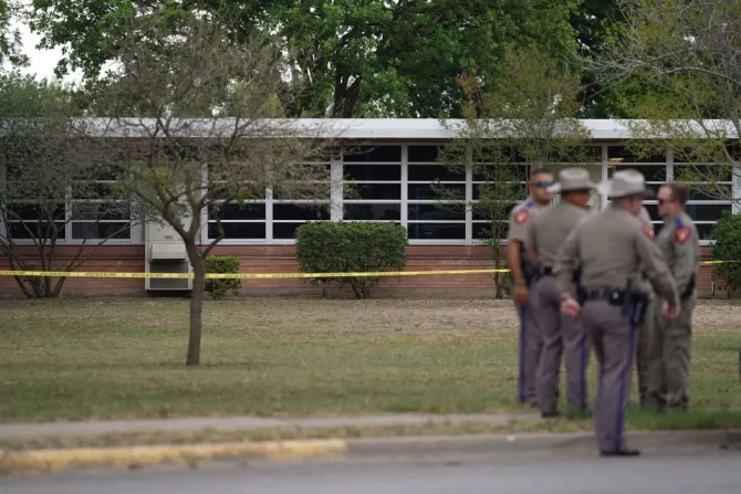 State troopers stand outside of Robb Elementary School in Uvalde, Texas, on May 24, 2022.