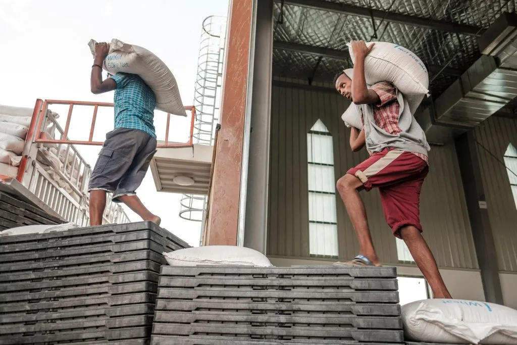 Workers carry sacks of grain in a warehouse of the World Food Programme (WFP) in the city of Abala, Ethiopia, on June 9, 2022. The Afar region was the only passageway for humanitarian convoys bound for Tigray.?w=200&h=150