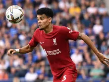 Liverpool's Colombian midfielder Luis Diaz controls the ball during the English Premier League football match between Everton and Liverpool at Goodison Park in Liverpool, northwest England on Sept. 3, 2022.