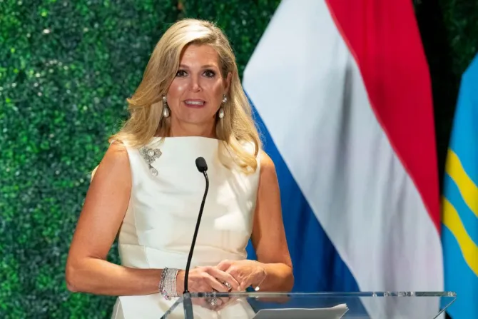 Queen Maxima of Netherlands speaks during a visit to the Q2 Stadium in Austin, Texas, on September 8, 2022.