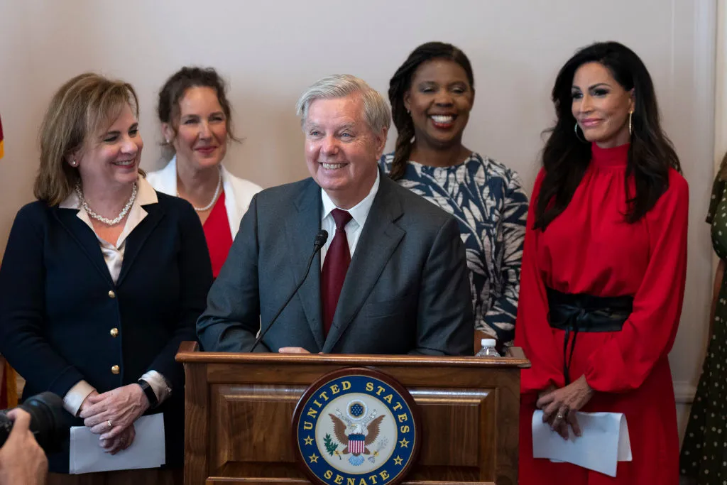 Sen. Lindsey Graham, R-S.C., speaks during news conference to announce a new bill on abortion restrictions on Capitol Hill Sept. 13, 2022, in Washington, D.C. Graham's proposal would enact a national ban on abortions after the 15-week mark. Also pictured, at left, is President of Susan B. Anthony Pro-Life America Marjorie Dannenfelser.?w=200&h=150