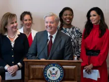 Sen. Lindsey Graham, R-S.C., speaks during news conference to announce a new bill on abortion restrictions on Capitol Hill Sept. 13, 2022, in Washington, D.C. Graham's proposal would enact a national ban on abortions after the 15-week mark. Also pictured, at left, is President of Susan B. Anthony Pro-Life America Marjorie Dannenfelser.