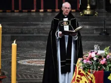 The archbishop of Canterbury, Justin Welby, gives a reading during the state funeral of Queen Elizabeth II at Westminster Abbey on Sept.19, 2022, in London.