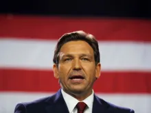 Florida Gov. Ron DeSantis gives a victory speech after defeating Democratic gubernatorial candidate Rep. Charlie Crist during his election night watch party at the Tampa Convention Center on Nov. 8, 2022, in Tampa, Florida. DeSantis was the projected winner by a double-digit lead.