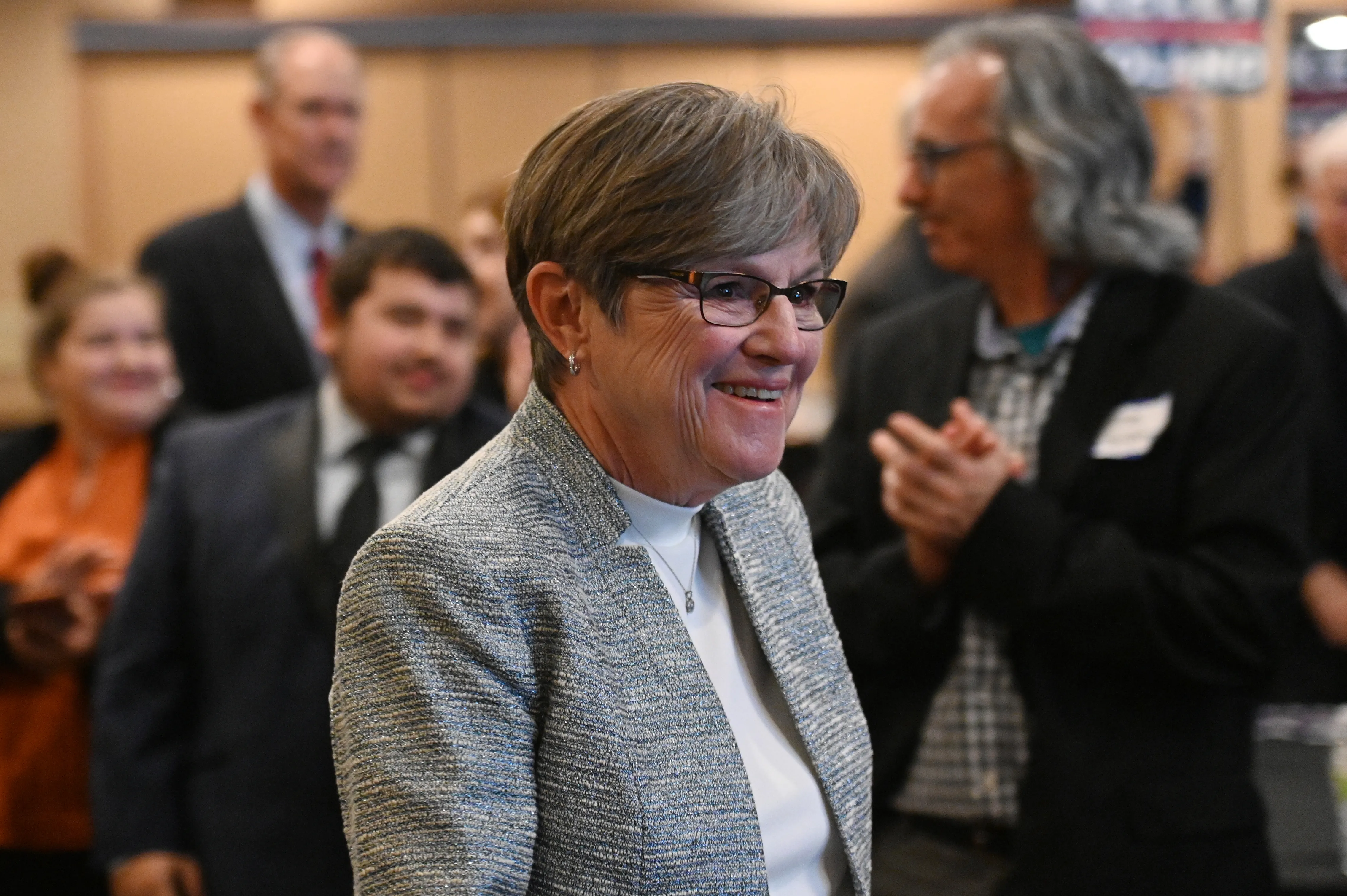 Democratic Gov. Laura Kelly arrives to address the crowd during her watch party at the Ramada Hotel Downtown Topeka on Nov. 8, 2022, in Topeka, Kansas.?w=200&h=150