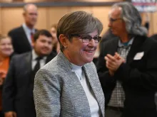 Democratic Gov. Laura Kelly arrives to address the crowd during her watch party at the Ramada Hotel Downtown Topeka on Nov. 8, 2022, in Topeka, Kansas.