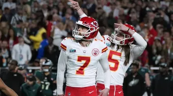 Kansas City Chiefs' kicker Harrison Butker (left) and Kansas City Chiefs' punter Tommy Townsend watch the ball during Super Bowl LVII between the Kansas City Chiefs and the Philadelphia Eagles at State Farm Stadium in Glendale, Arizona, on Feb. 12, 2023.