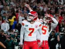 Kansas City Chiefs' kicker Harrison Butker (left) and Kansas City Chiefs' punter Tommy Townsend watch the ball during Super Bowl LVII between the Kansas City Chiefs and the Philadelphia Eagles at State Farm Stadium in Glendale, Arizona, on Feb. 12, 2023.