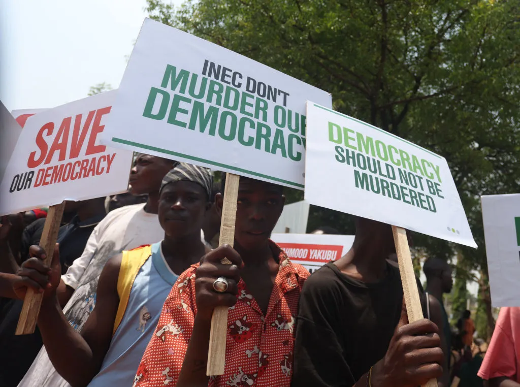 A group of people protest the outcome of the 2023 presidential elections and the emergence of the candidate of All Progressives Congress' (APC) Bola Tinubu as the president-elect in Abuja, Nigeria, on March 1, 2023.?w=200&h=150