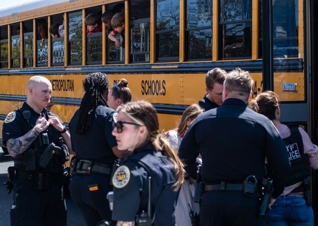 School buses with children arrive at Woodmont Baptist Church to be reunited with their families after a mass shooting at The Covenant School on March 27, 2023, in Nashville, Tennessee. According to initial reports, three students and three adults were killed by the shooter, a 28-year-old woman. The shooter was killed by police responding to the scene.?w=200&h=150