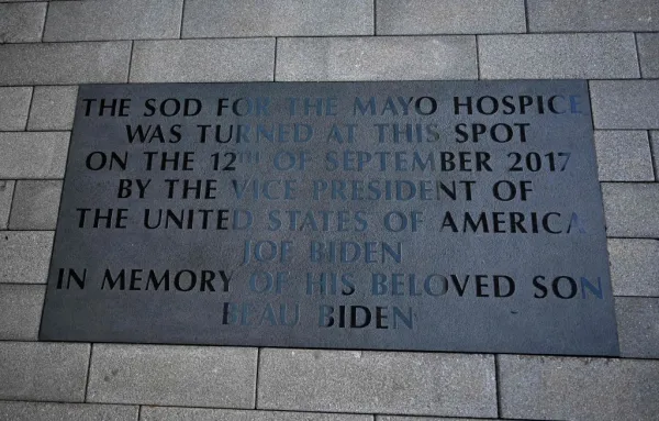 A plaque to President Joe Biden's late son Beau is seen outside Mayo Roscommon Hospice and Palliative Care Center in the West of Ireland on April 14, 2023, on the last day of Biden's four-day trip to Northern Ireland and Ireland. Photo by JIM WATSON/AFP via Getty Images