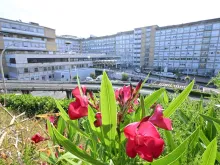 A photograph shows an outside view of the Gemelli hospital in Rome on June 8, 2023, where Pope Francis has been hospitalized following an operation for an abdominal hernia on June 7.