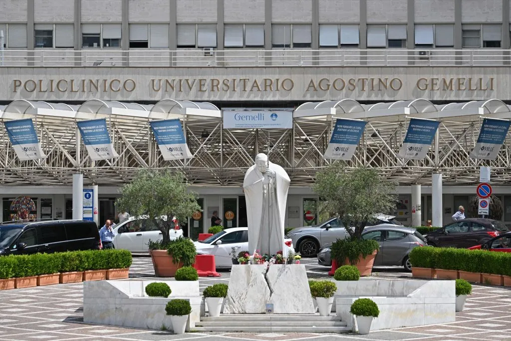 This photograph taken on June 11, 2023, shows the statue of the late Pope John Paul II at the entrance to the Gemelli hospital in Rome. Pope Francis underwent an operation for an abdominal hernia on June 7, 2023, at the Rome hospital.?w=200&h=150