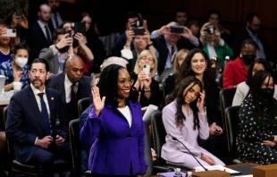 U.S. Supreme Court nominee Judge Ketanji Brown Jackson is sworn-in during her confirmation hearing before the Senate Judiciary Committee in the Hart Senate Office Building on Capitol Hill March 21, 2022 in Washington, DC. Judge Ketanji Brown Jackson, President Joe Biden's pick to replace retiring Justice Stephen Breyer on the U.S. Supreme Court, will begin four days of nomination hearings before the Senate Judiciary Committee. Anna Moneymaker/Getty Images