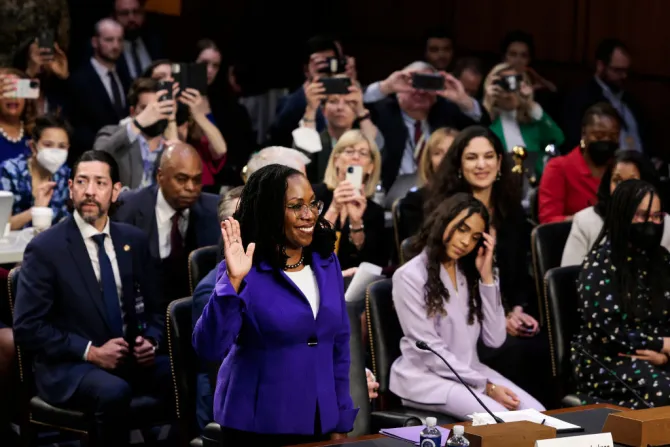 GETTY U.S. Supreme Court nominee Judge Ketanji Brown Jackson is sworn-in during her confirmation hearing before the Senate Judiciary Committee in the Hart Senate Office Building on Capitol Hill March 21, 2022 in Washington, DC.