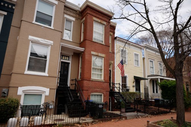 GETTY A red-brick row house (C) is seen where DC Metro Police said they found five fetuses inside where anti-abortion activists were living earlier this week in the Capitol Hill neighborhood on April 01, 2022 in Washington, DC.