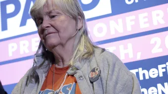 Pro-life activist Joan Andrews Bell listens during a news conference on the five fetuses found inside the home where she and other anti-abortion activists were living on Capitol Hill at a news conference at the Hyatt Regency on April 5, 2022, in Washington, D.C.