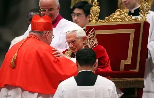 New cardinal Timothy Michael Dolan (L), Archbishop of New York, receives the biretta cap from Pope Benedict XVI in St. Peter's Basilica on Feb. 18, 2012, in Vatican City, Vatican. Franco Origlia/Getty Images