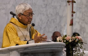 Cardinal Joseph Zen speaks during a Mass at the Holy Cross Church on May 24, 2022, in Hong Kong, China. The cardinal was set to stand trial on Sept. 19, 2022, in connection to his role as a trustee of a pro-democracy legal fund, which he and other trustees are accused of failing to register civilly. The trial was delayed. Photo by Louise Delmotte/Getty Images