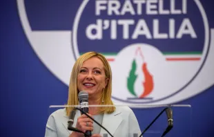Giorgia Meloni, leader of the Fratelli d'Italia (Brothers of Italy), speaks at a press conference at the party electoral headquarters overnight on Sept. 26, 2022. in Rome. Italy’s national elections on Sept. 25 saw voters poised to elect Meloni, a Catholic mother, as the country's first female prime minister. Photo by Antonio Masiello/Getty Images
