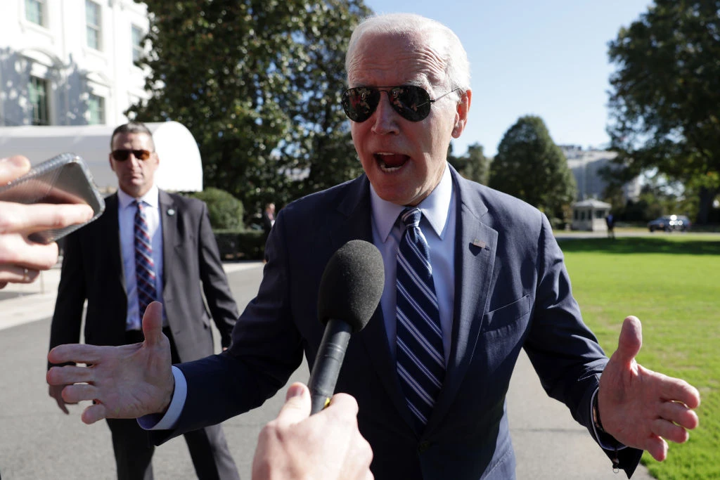 President Joe Biden speaks to members of the press prior to his Marine One departure from the White House on Oct. 20, 2022 in Washington, D.C.?w=200&h=150