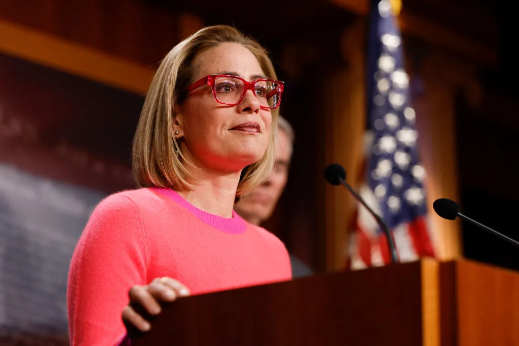 U.S. Sen. Kyrtsen Sinema, D-Arizona, speaks at a news conference after the Senate passed the Respect for Marriage Act at the Capitol Building on Nov.29, 2022 in Washington, D.C.?w=200&h=150