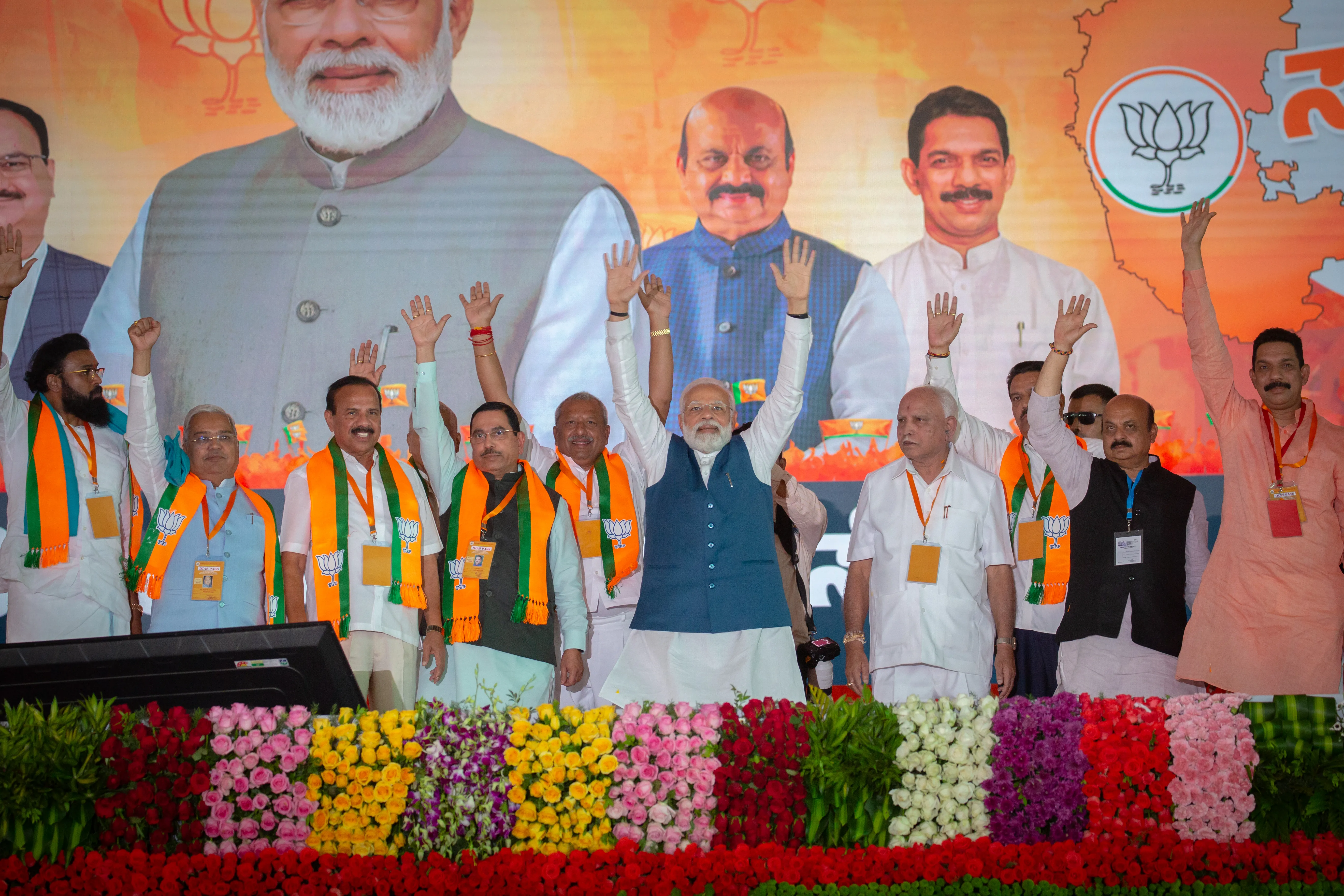 India's Prime Minister Narendra Modi waves to the his supporters during a political event organised by the Bharatiya Janata Party (BJP) at the GMIT College Grounds on March 25, 2023, in Davangere, India.?w=200&h=150