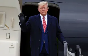 Former President Donald Trump disembarks his plane "Trump Force One" at Aberdeen Airport on May 1, 2023, in Aberdeen, Scotland. Credit: Jeff J Mitchell/Getty Images