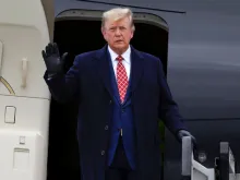 Former President Donald Trump disembarks his plane "Trump Force One" at Aberdeen Airport on May 1, 2023, in Aberdeen, Scotland.