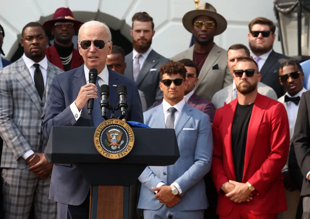President Joe Biden welcomes the Kansas City Chiefs to the White House in Washington, D.C., June 5, 2023. Chiefs kicker Harrison Butker (back row, center) wore a tie with a pro-life message on it.?w=200&h=150