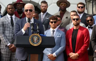 President Joe Biden welcomes the Kansas City Chiefs to the White House in Washington, D.C., June 5, 2023. Chiefs kicker Harrison Butker (back row, center) wore a tie with a pro-life message on it. Credit: Kevin Dietsch/Getty Images
