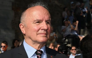 Jean-Louis Georgelin, former chief of staff of the armies and CEO of the public establishment in charge of the conservation and restoration of Notre-Dame de Paris cathedral, waits for the delivery by barge of the timber truss to the cathedral during its restoration in Paris on July 11, 2023. Credit: STEFANO RELLANDINI/AFP via Getty Images