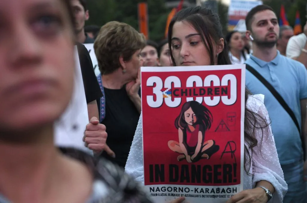 Demonstrators rally in support of Karabakh to demand the reopening of a blockaded road linking the Nagorno-Karabakh region to Armenia and to decry crisis conditions in the region, in Yerevan on July 25, 2023.?w=200&h=150