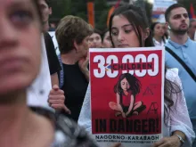 Demonstrators rally in support of Karabakh to demand the reopening of a blockaded road linking the Nagorno-Karabakh region to Armenia and to decry crisis conditions in the region, in Yerevan on July 25, 2023.
