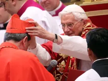 New Cardinal Ruben Salazar Gomez, archbishop of Bogotá, Colombia, receives the biretta cap from Pope Benedict XVI in St. Peter's Basilica on Nov. 24, 2012, in Vatican City, Vatican.