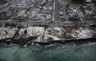An aerial image taken on Aug. 10, 2023, shows destroyed homes and buildings burned to the ground in Lahaina along the Pacific Ocean in the aftermath of wildfires in western Maui, Hawaii. Credit: Patrick T. Fallon/AFP via Getty Images