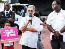 Bishop Emmanuel Lafont (center) addresses the crowd during a protest against same-sex marriage in Cayenne, French Guyana, on Jan. 12, 2013.
