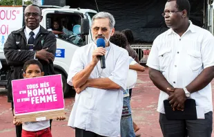 Bishop Emmanuel Lafont (center) addresses the crowd during a protest against same-sex marriage in Cayenne, French Guyana, on Jan. 12, 2013. Photo credit JODY AMIET/AFP via Getty Images