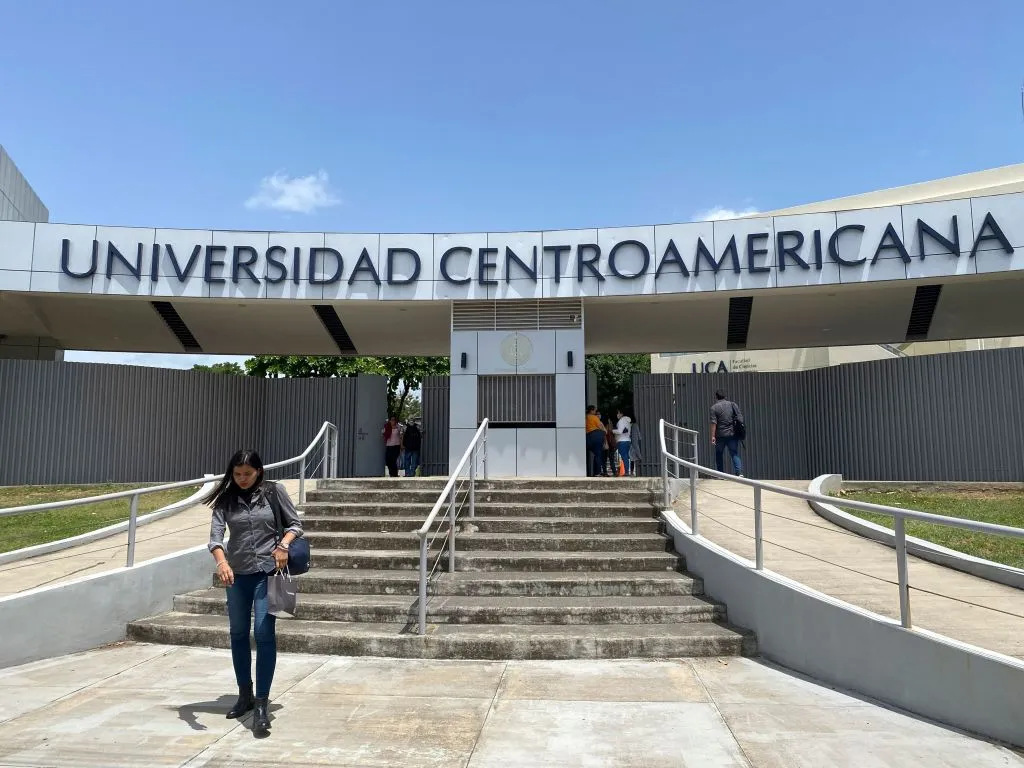 A woman exits the Universidad Centroamericana (Central American University) in Managua on Aug. 16, 2023. The Jesuit Central American University (UCA) of Nicaragua announced the suspension of all its activities after a court ordered the confiscation of its assets and funds after accusing it of being a "center of terrorism."?w=200&h=150