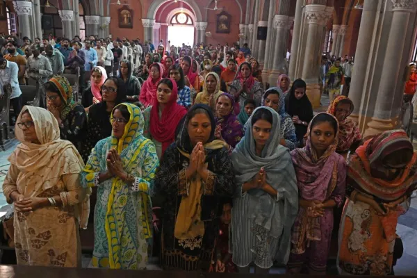 Catholics attend Mass at Sacred Heart Cathedral, the seat of the Archdiocese of Lahore, on Aug. 20, 2023, four days after mob attacked several Pakistani churches over blasphemy allegations. More than 80 Christian homes and 19 churches were vandalized when hundreds rampaged through a Christian neighbourhood in Jaranwala in Punjab province on Aug. 16. Credit: ARIF ALI/AFP via Getty Images