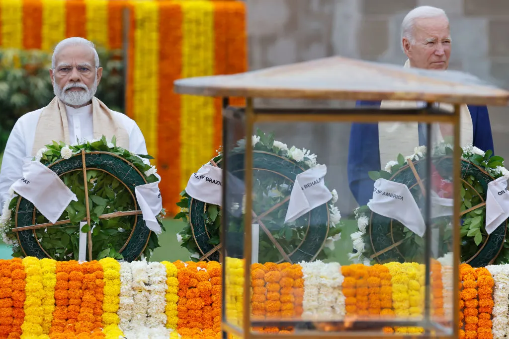 U.S. President Joe Biden and India’s Prime Minister Narendra Modi pay respect at the Mahatma Gandhi memorial at Raj Ghat on the sidelines of the G20 summit in New Delhi on Sept. 10, 2023.?w=200&h=150