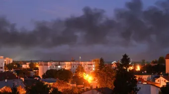 Black smoke billows over the city after drone strikes in the western Ukrainian city of Lviv on Sept. 19, 2023, amid Russia's military invasion on Ukraine. Drones attacked Ukraine's western city of Lviv early on Sept. 19, and explosions rang out, causing a warehouse fire and wounding at least one person.