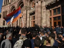 Protestors gather in downtown Yerevan, Armenia, on Sept. 20, 2023, as separatists in Nagorno-Karabakh and Azerbaijan’s authorities announced they would cease hostilities, signaling the end of an “anti-terror” operation launched just one day earlier by Azerbaijan’s forces in the breakaway region.