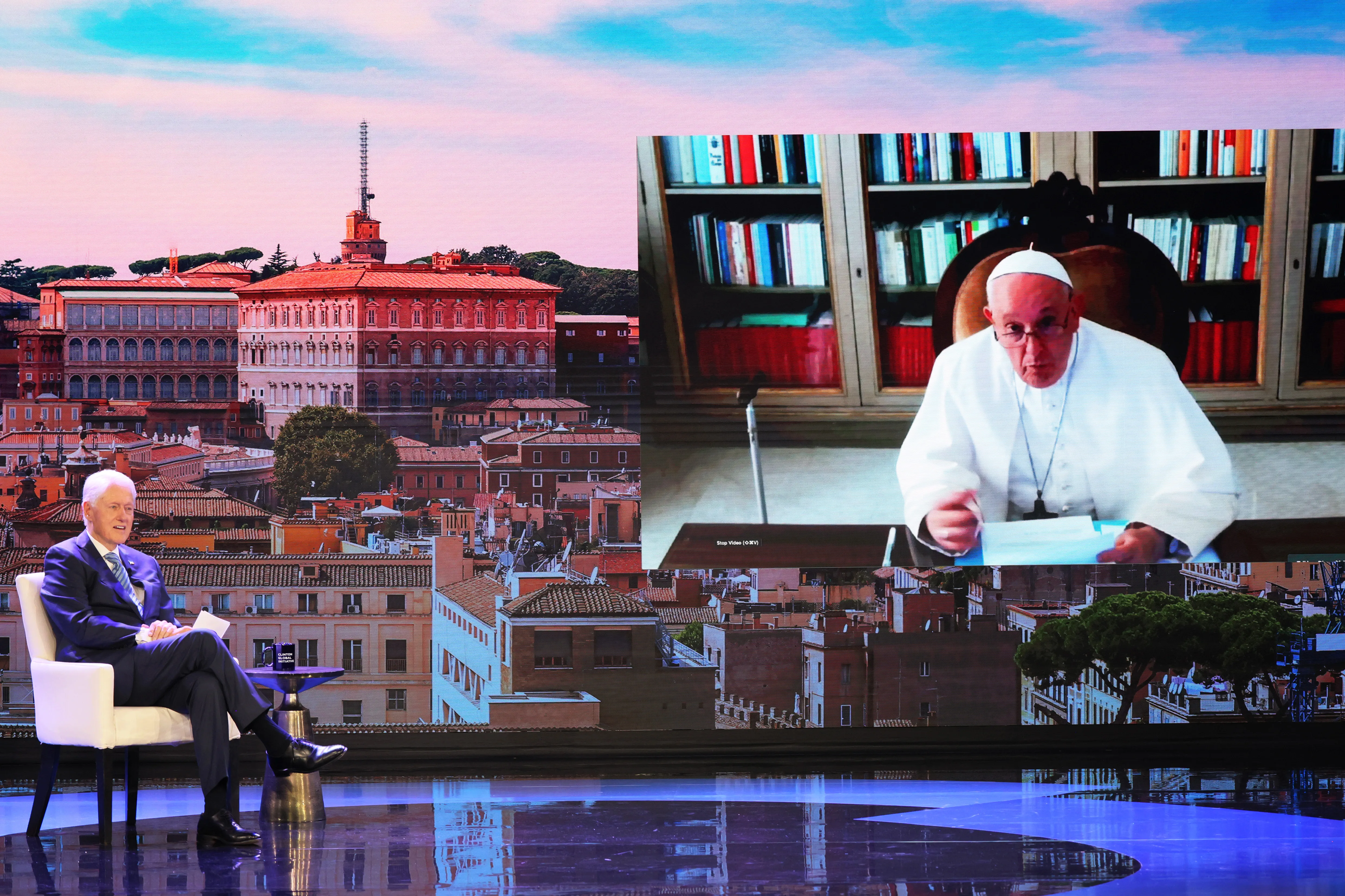 Former President Bill Clinton and Pope Francis have a virtual conversation during the Clinton Global Initiative meeting at the Hilton Midtown on Sept. 18, 2023, in New York City.?w=200&h=150