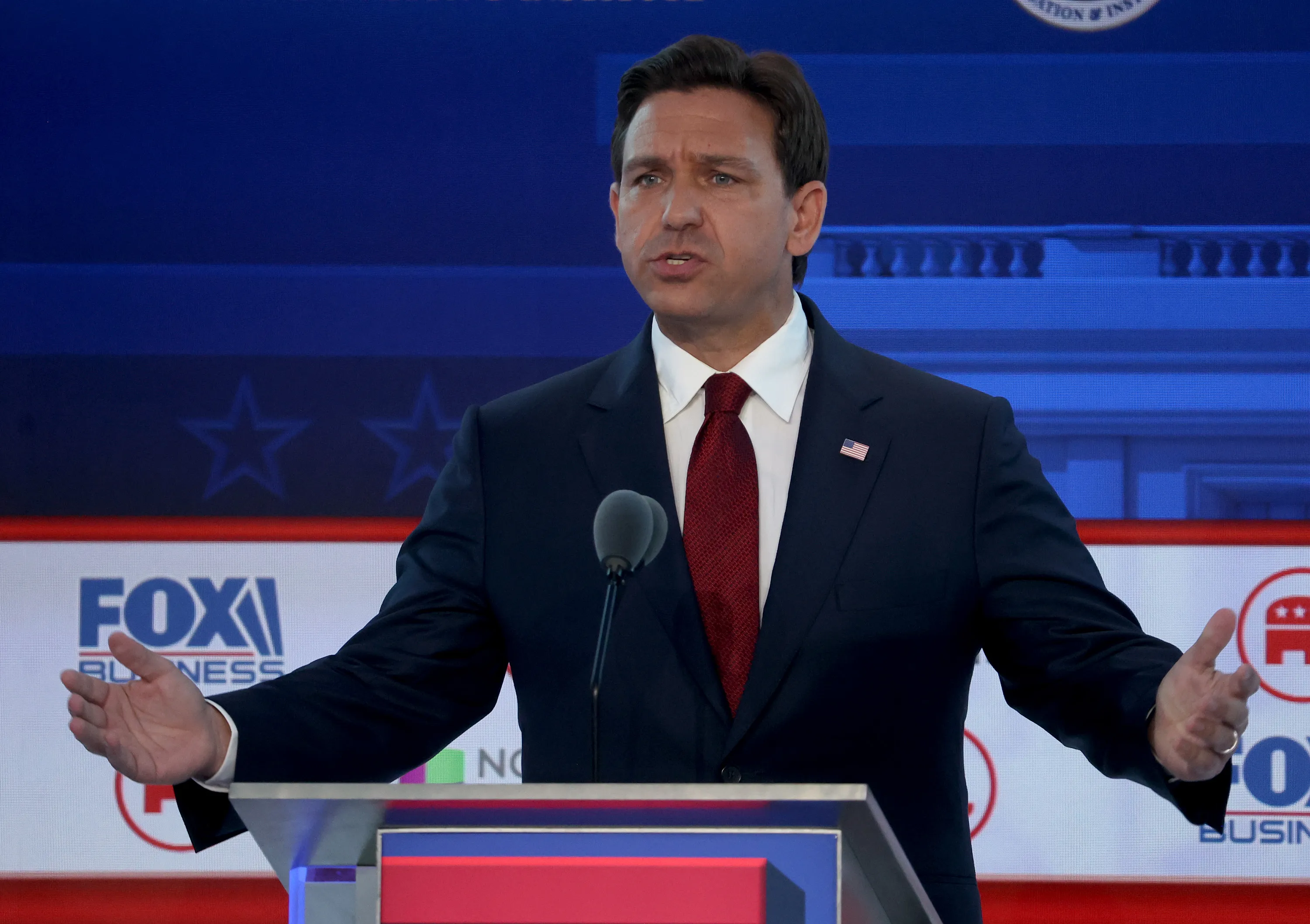 Republican presidential candidate Florida Gov. Ron DeSantis delivers remarks during the FOX Business Republican Primary Debate at the Ronald Reagan Presidential Library on Sept. 27, 2023, in Simi Valley, California.?w=200&h=150