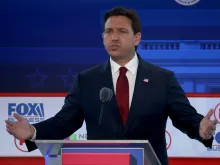 Republican presidential candidate Florida Gov. Ron DeSantis delivers remarks during the FOX Business Republican Primary Debate at the Ronald Reagan Presidential Library on Sept. 27, 2023, in Simi Valley, California.
